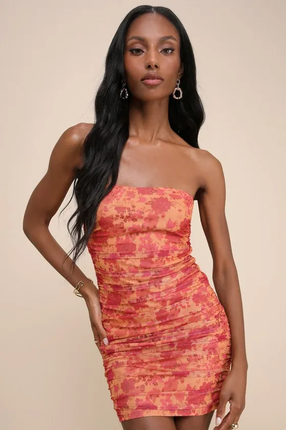 Mesmerizing Flirt Orange Floral Mesh Strapless Ruched Mini Dress sold by Lulus