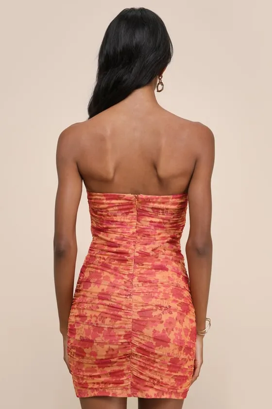Mesmerizing Flirt Orange Floral Mesh Strapless Ruched Mini Dress sold by Lulus product image thumbnail 3