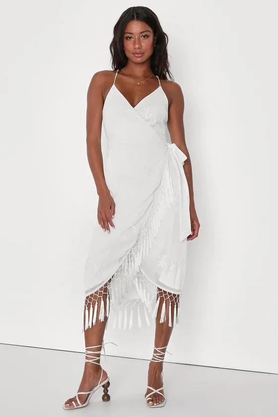 Fun Affair White Floral Embroidered Tassel Midi Wrap Dress sold by Lulus