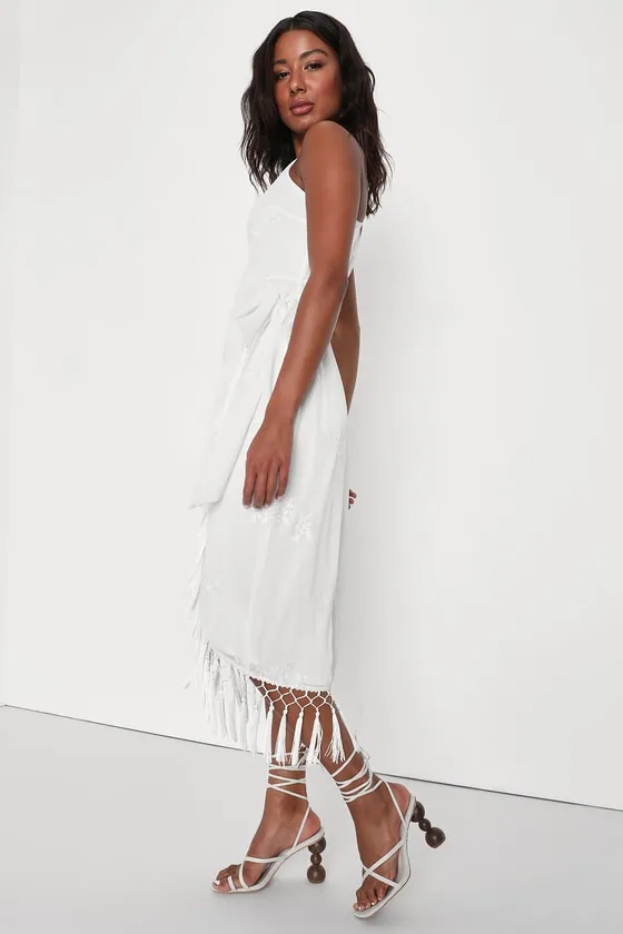 Fun Affair White Floral Embroidered Tassel Midi Wrap Dress sold by Lulus product image thumbnail 2