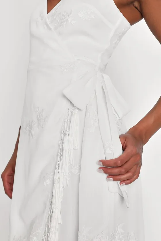 Fun Affair White Floral Embroidered Tassel Midi Wrap Dress sold by Lulus product image thumbnail 3