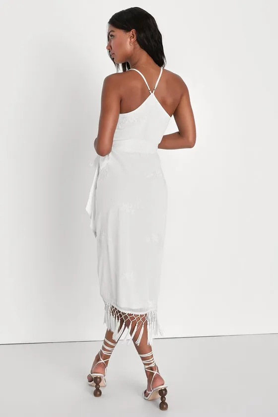 Fun Affair White Floral Embroidered Tassel Midi Wrap Dress sold by Lulus product image thumbnail 4