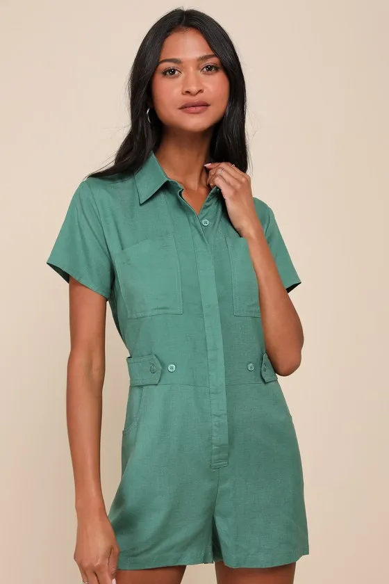 Cuteness Awaits Green Linen Collared Short Sleeve Romper sold by Lulus