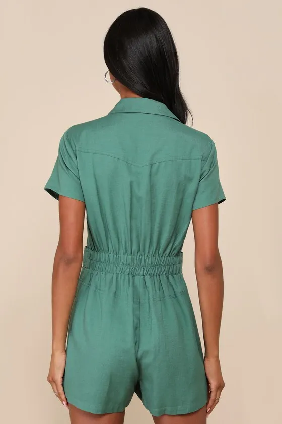 Cuteness Awaits Green Linen Collared Short Sleeve Romper sold by Lulus product image thumbnail 3