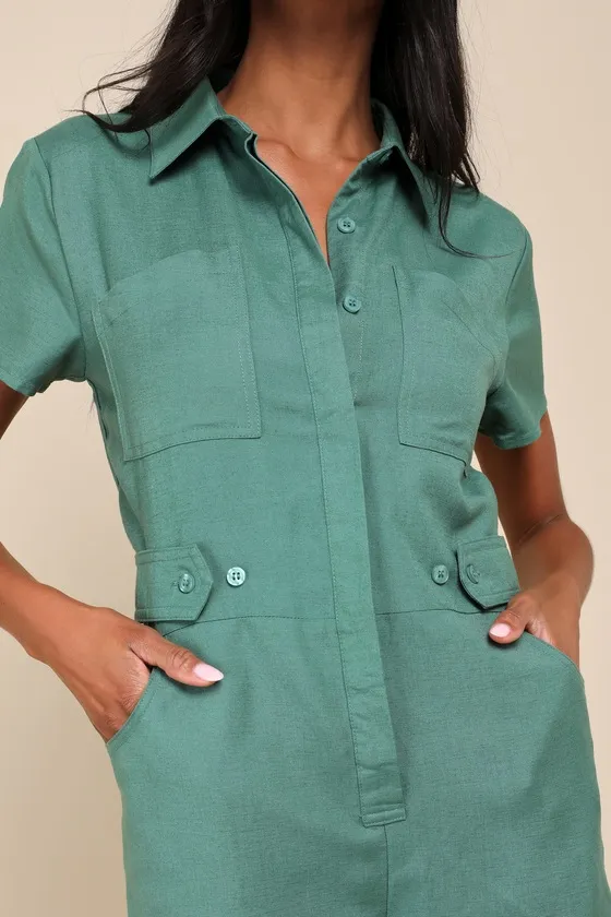 Cuteness Awaits Green Linen Collared Short Sleeve Romper sold by Lulus product image thumbnail 4