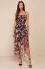 Undeniably Gorgeous Black Floral Ruffled Lace-Up High-Low Dress sold by Lulus