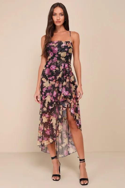 Undeniably Gorgeous Black Floral Ruffled Lace-Up High-Low Dress sold by Lulus