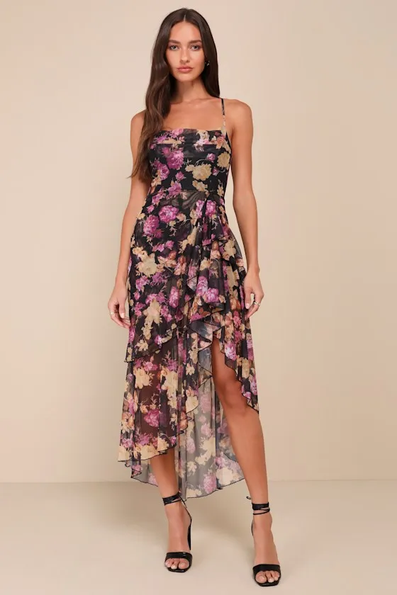 Undeniably Gorgeous Black Floral Ruffled Lace-Up High-Low Dress sold by Lulus