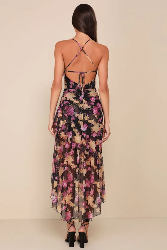 Undeniably Gorgeous Black Floral Ruffled Lace-Up High-Low Dress sold by Lulus product image thumbnail 2