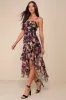 Undeniably Gorgeous Black Floral Ruffled Lace-Up High-Low Dress sold by Lulus