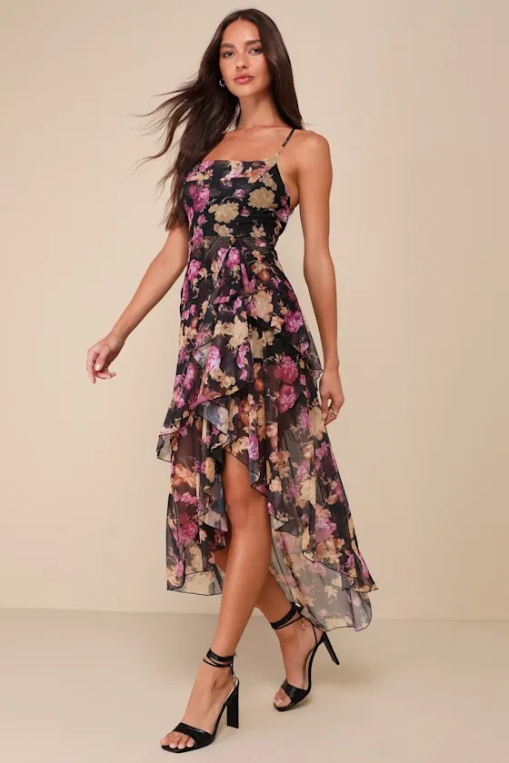 Undeniably Gorgeous Black Floral Ruffled Lace-Up High-Low Dress sold by Lulus product image thumbnail 3