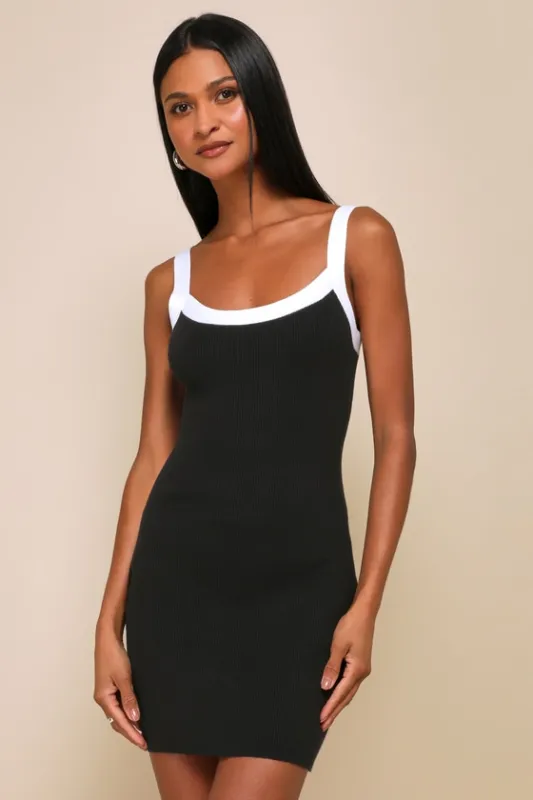 Effortless Influence Black Ribbed Color Block Mini Sweater Dress sold by Lulus