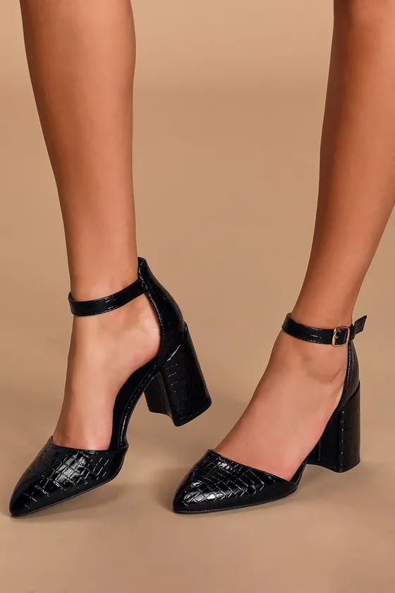 Ellarose Black Crocodile Ankle Strap Heels sold by Lulus