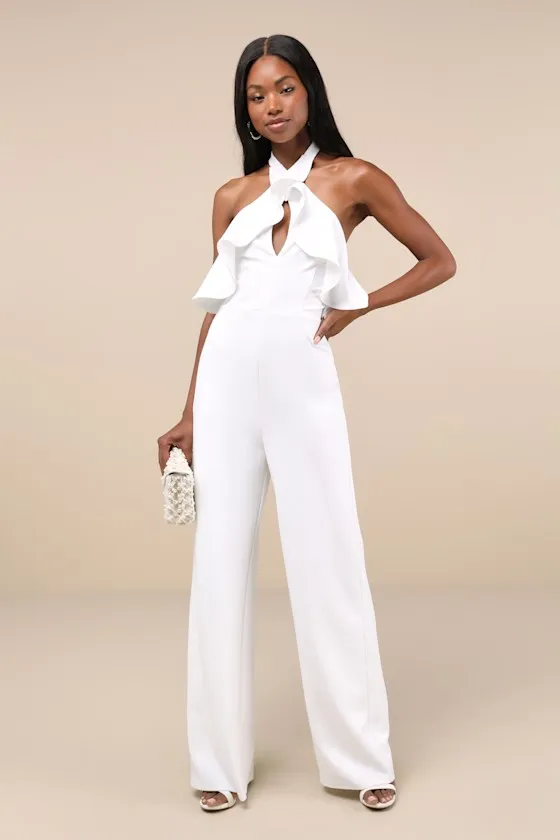Elegant Flair White Ruffled Wide-Leg Halter Jumpsuit sold by Lulus