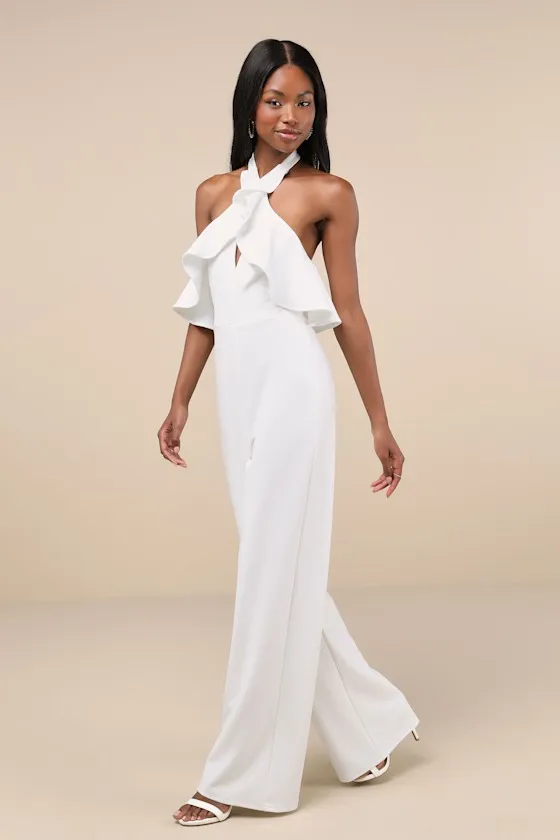 Elegant Flair White Ruffled Wide-Leg Halter Jumpsuit sold by Lulus product image thumbnail 2