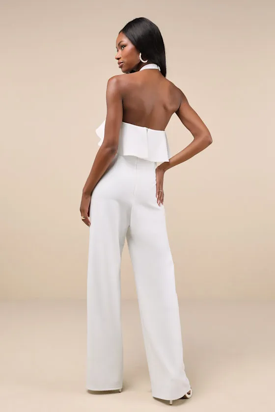 Elegant Flair White Ruffled Wide-Leg Halter Jumpsuit sold by Lulus product image thumbnail 3