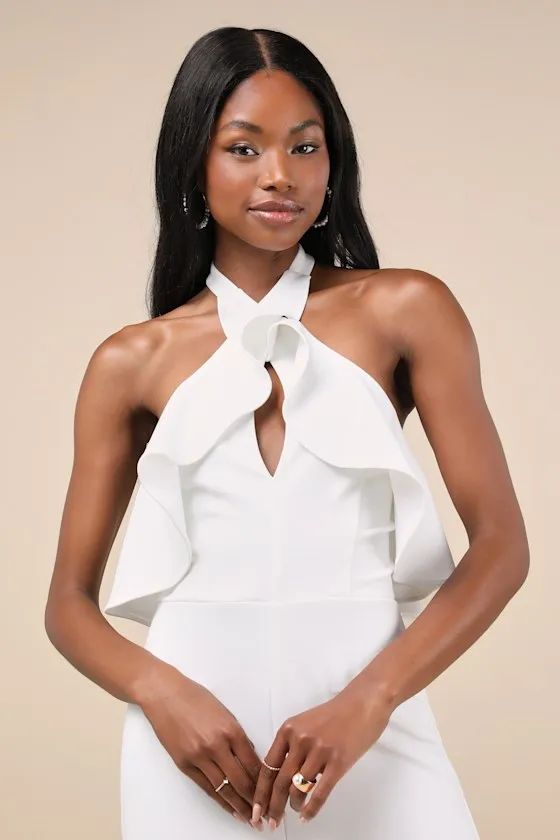 Elegant Flair White Ruffled Wide-Leg Halter Jumpsuit sold by Lulus product image thumbnail 4