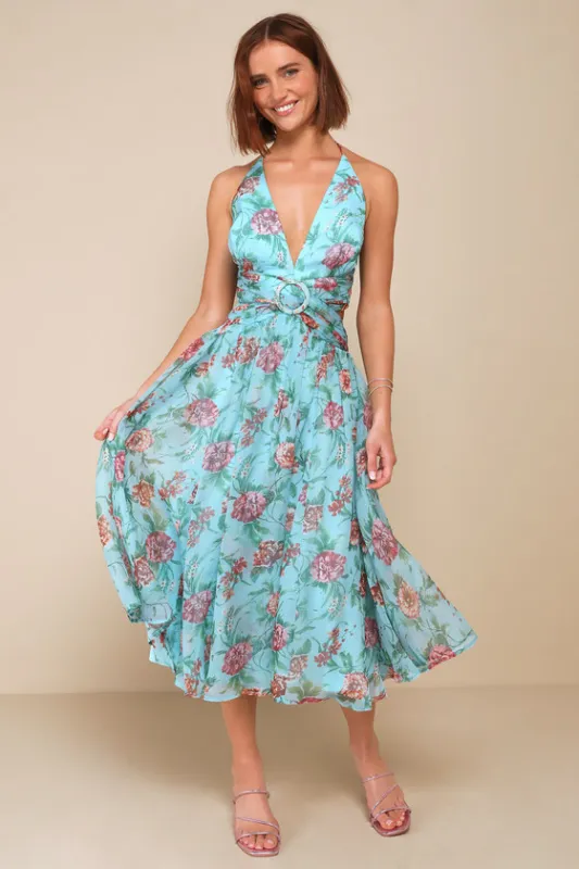 Exceedingly Radiant Blue Floral O-Ring Cutout Halter Midi Dress sold by Lulus