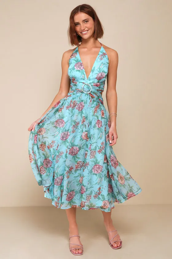 Exceedingly Radiant Blue Floral O-Ring Cutout Halter Midi Dress sold by Lulus