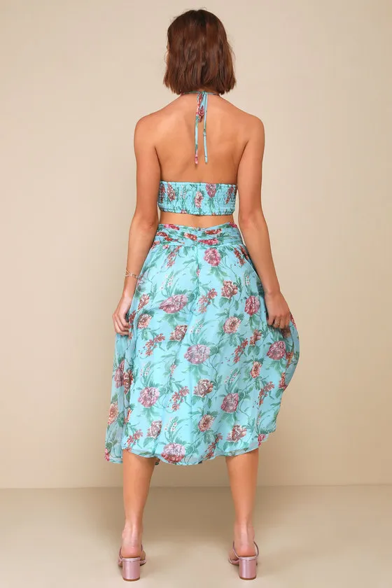 Exceedingly Radiant Blue Floral O-Ring Cutout Halter Midi Dress sold by Lulus product image thumbnail 2