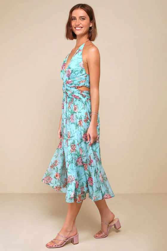 Exceedingly Radiant Blue Floral O-Ring Cutout Halter Midi Dress sold by Lulus product image thumbnail 4