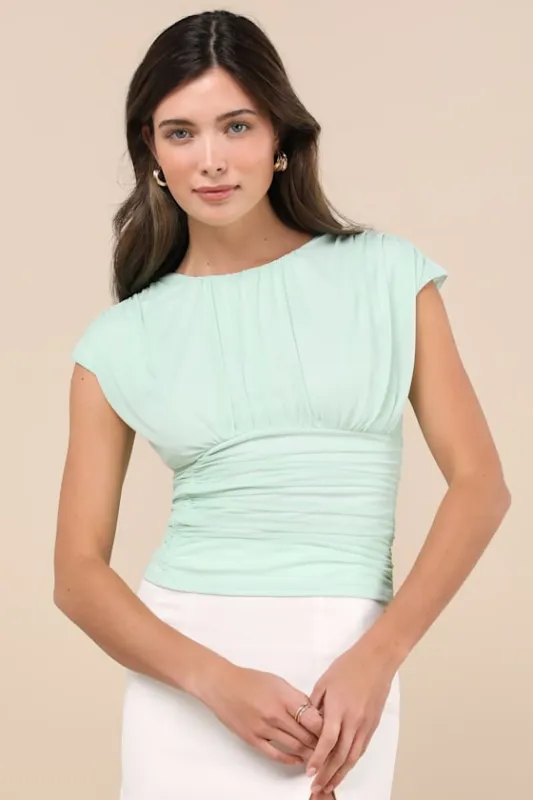 Cute Allure Mint Blue Mesh Backless Ruched Top sold by Lulus
