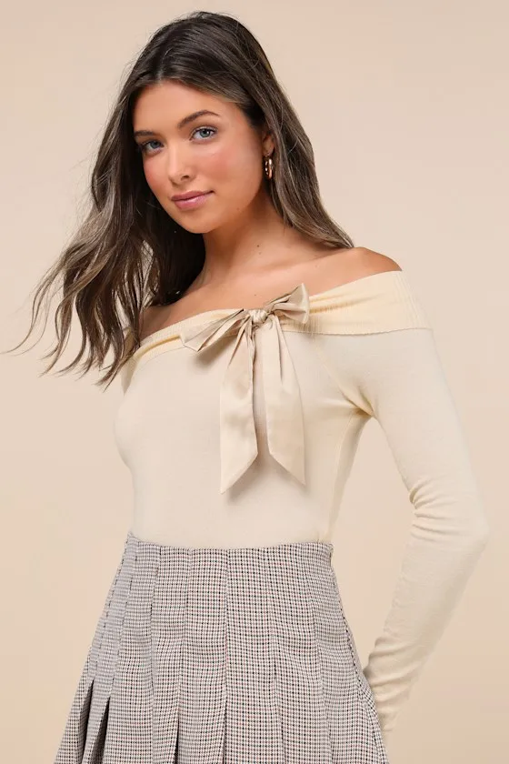 Orianne Pale Yellow Off-the-Shoulder Bow Sweater Top sold by Lulus