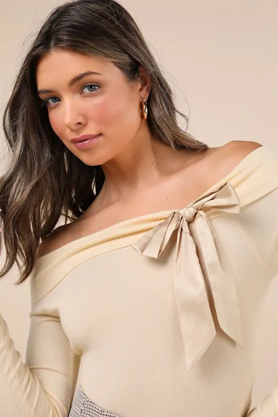 Orianne Pale Yellow Off-the-Shoulder Bow Sweater Top sold by Lulus product image thumbnail 4