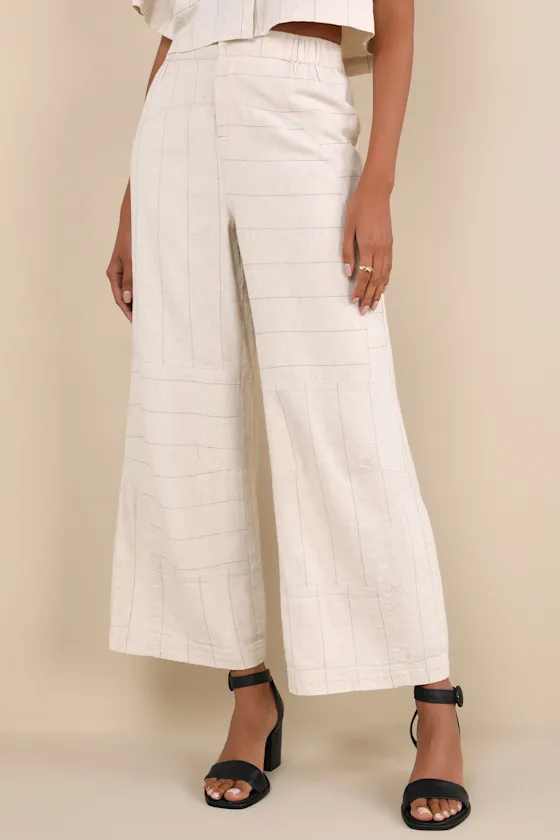 Enviably Breezy Beige Striped Seamed High-Rise Wide-Leg Pants sold by Lulus