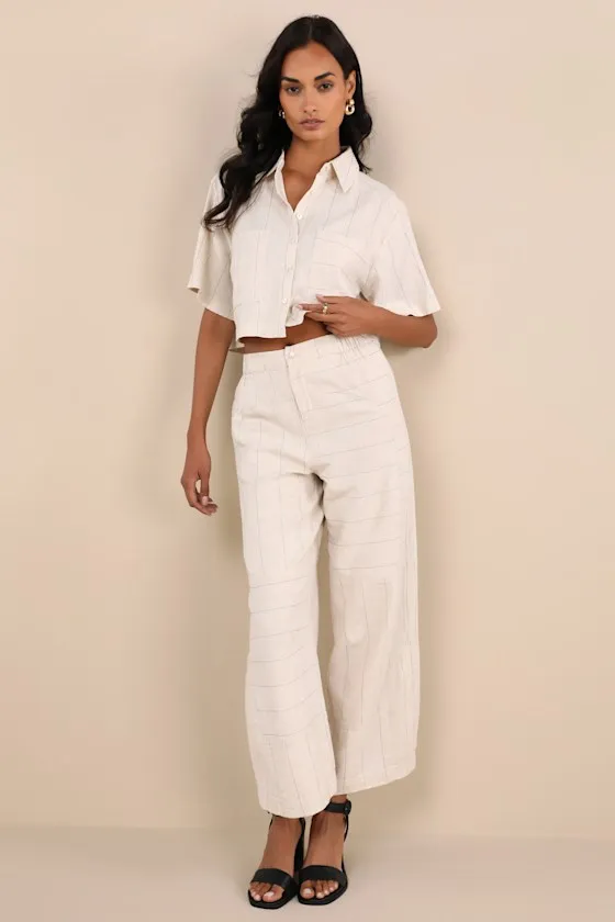 Enviably Breezy Beige Striped Seamed High-Rise Wide-Leg Pants sold by Lulus product image thumbnail 2