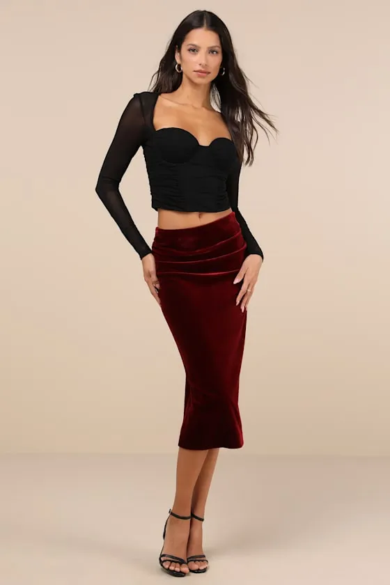 Exceptional Confidence Wine Red Velvet Ruched Midi Skirt sold by Lulus