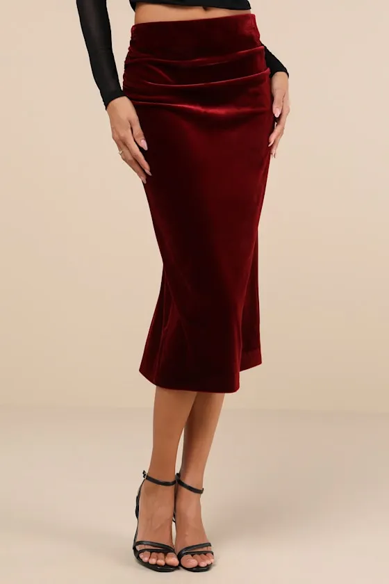 Exceptional Confidence Wine Red Velvet Ruched Midi Skirt sold by Lulus product image thumbnail 2