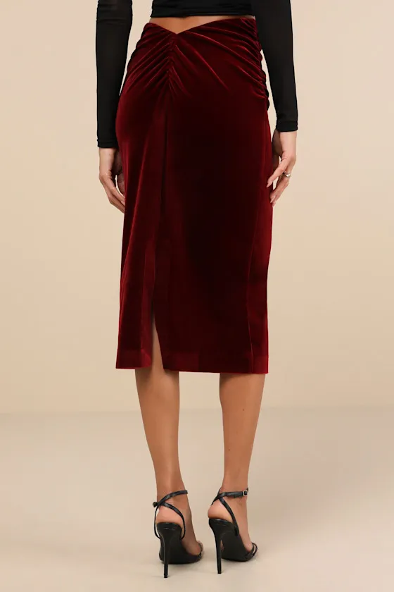 Exceptional Confidence Wine Red Velvet Ruched Midi Skirt sold by Lulus product image thumbnail 3