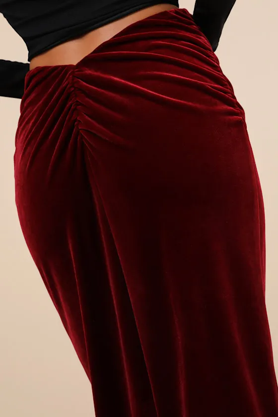 Exceptional Confidence Wine Red Velvet Ruched Midi Skirt sold by Lulus product image thumbnail 4