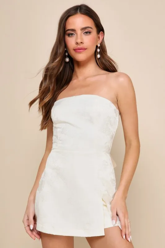 Charming Ideal Ivory Jacquard Organza Strapless Tie-Back Romper sold by Lulus