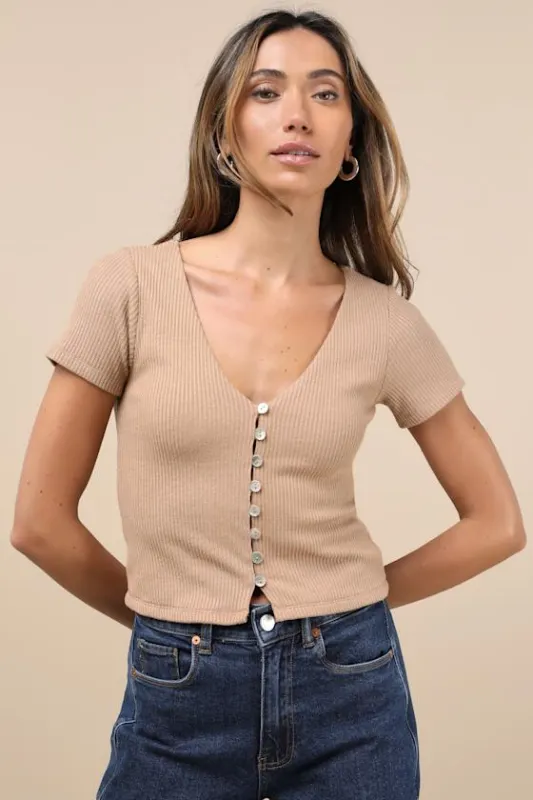 My Everyday Best Tan Ribbed Short Sleeve Button-Front Top sold by Lulus