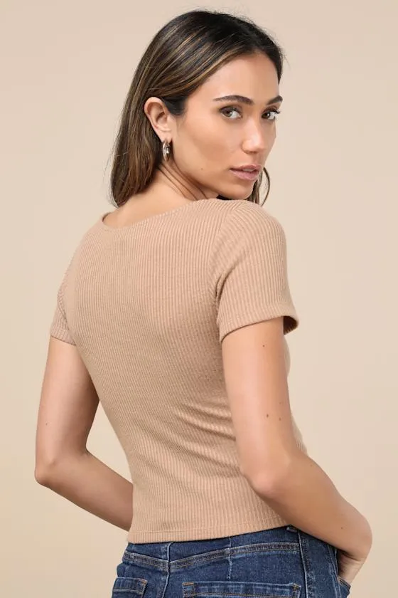My Everyday Best Tan Ribbed Short Sleeve Button-Front Top sold by Lulus product image thumbnail 2