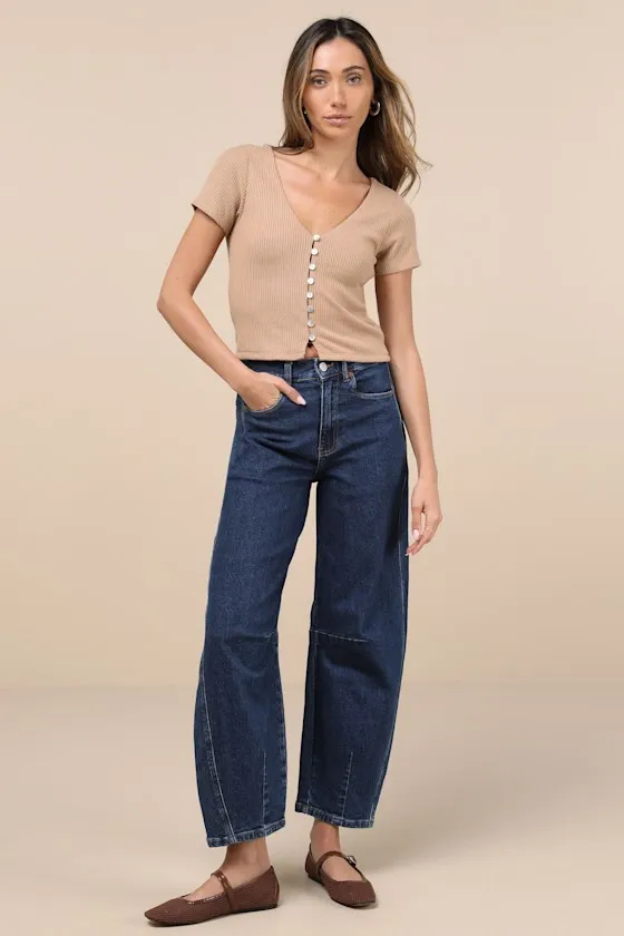 My Everyday Best Tan Ribbed Short Sleeve Button-Front Top sold by Lulus product image thumbnail 3