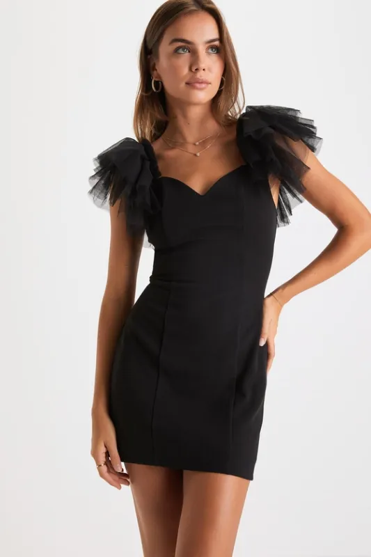 Seriously Fabulous Black Tulle Flutter Sleeve Bodycon Mini Dress sold by Lulus