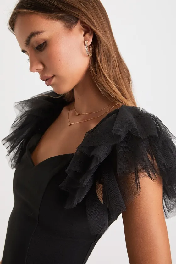 Seriously Fabulous Black Tulle Flutter Sleeve Bodycon Mini Dress sold by Lulus product image thumbnail 4