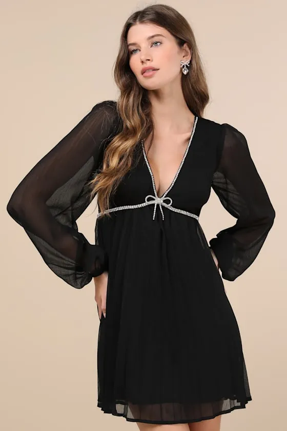 Stylish Shine Black Rhinestone Bow Long Sleeve Mini Dress sold by Lulus
