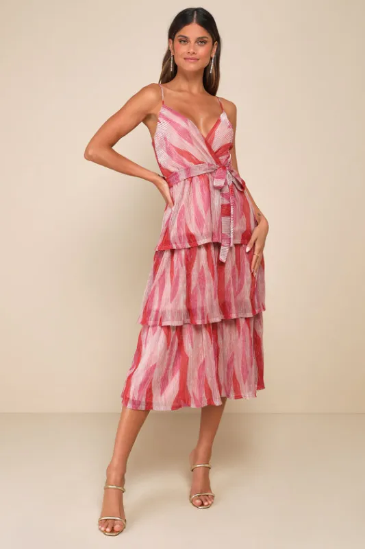 Vibrant Spirit Pink Abstract Plisse Surplice Tiered Midi Dress sold by Lulus