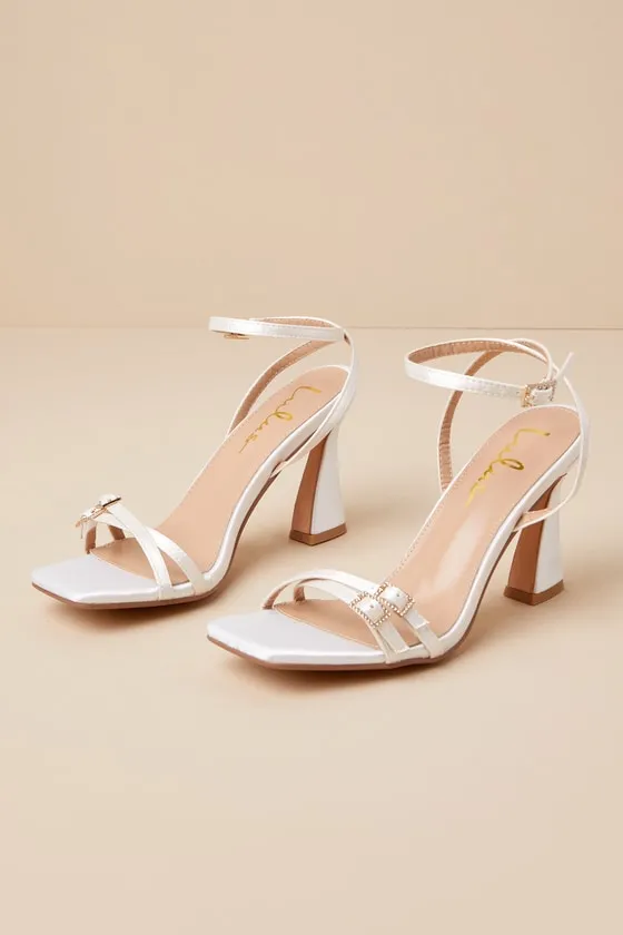 Cerelia White Satin Ankle Strap High Heel Sandals sold by Lulus