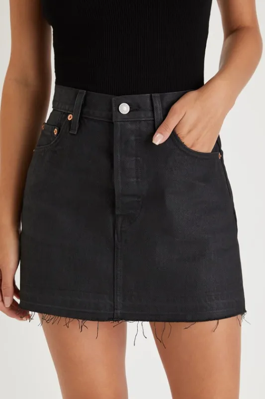 Icon Black Coated Raw Hem Denim Mini Skirt sold by Lulus
