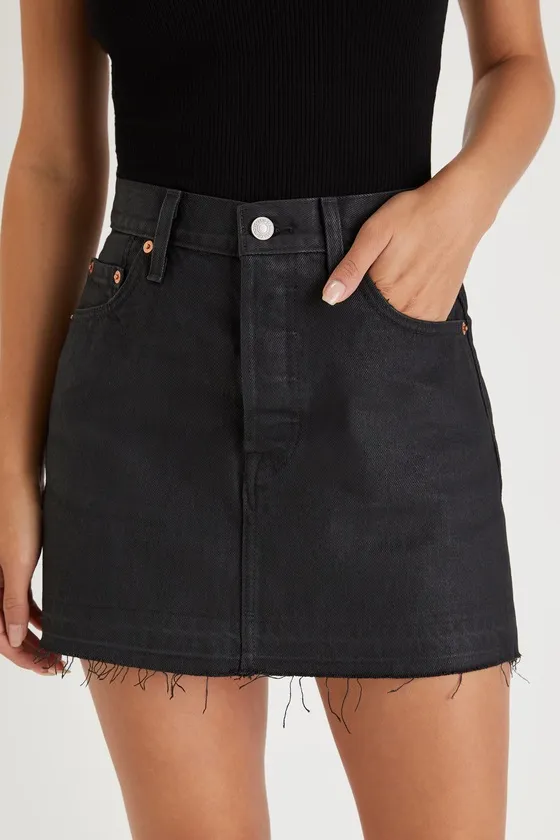 Icon Black Coated Raw Hem Denim Mini Skirt sold by Lulus