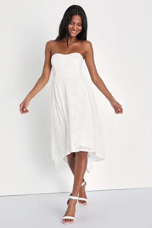 Curated Charm White Lace Strapless Bustier High-Low Dress sold by Lulus