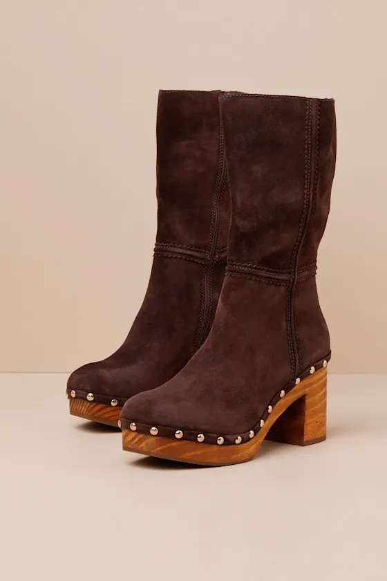 Village Chocolate Suede Leather Platform Mid-Calf Boots sold by Lulus product image thumbnail 2