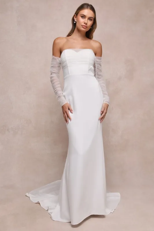 Eternal Bliss White Tulle Off-the-Shoulder Bustier Maxi Dress sold by Lulus
