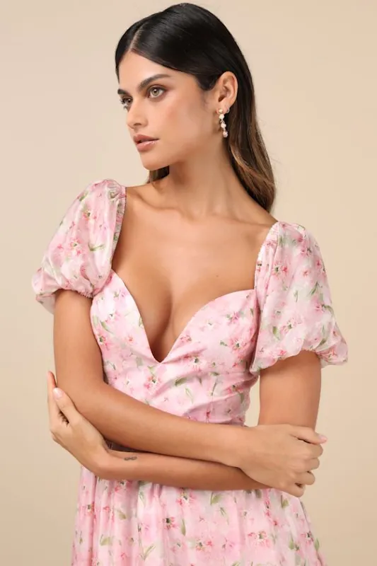 Sincerely Wondrous Pink Floral Puff Sleeve Tiered Midi Dress sold by Lulus