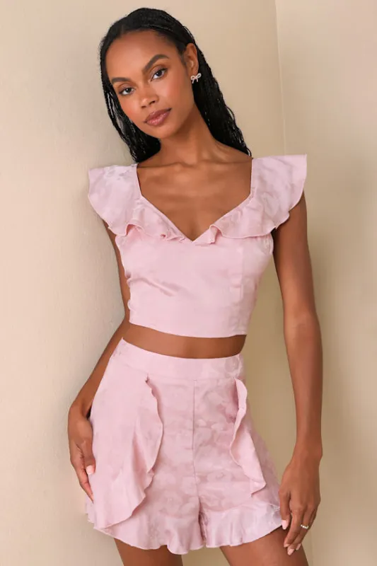 Exemplary Cutie Light Pink Satin Jacquard Ruffled Shorts sold by Lulus